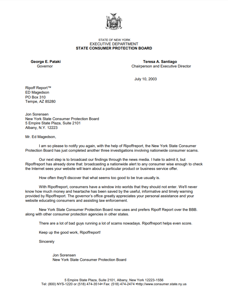 New York State Consumer Protection Board letter referencing Ed Magedson